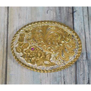 Crumrine Gold Tone Ruby Buckle Jewel Floral Heavy Silver Plate On Bronze USA VTG